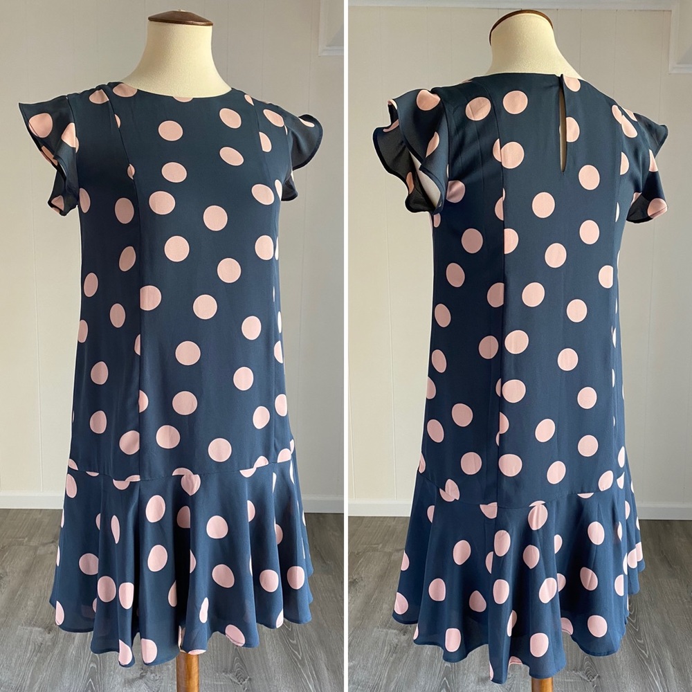 NWT Loft Polka Dot Flounce Dress Petrol Grey Pink - Picture 2 of 8